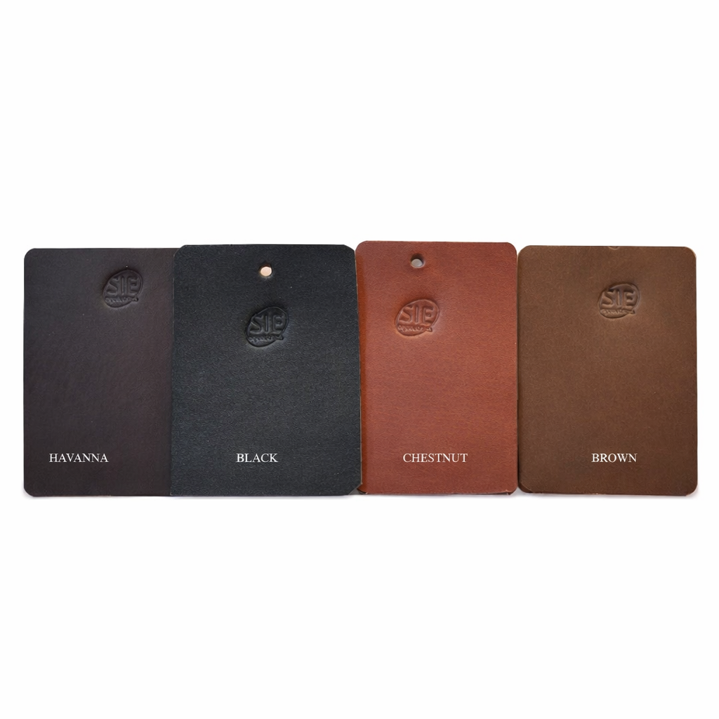 Four leather color swatches labeled 'Havana', 'Black', 'Chestnut', and 'Brown' on a white background.