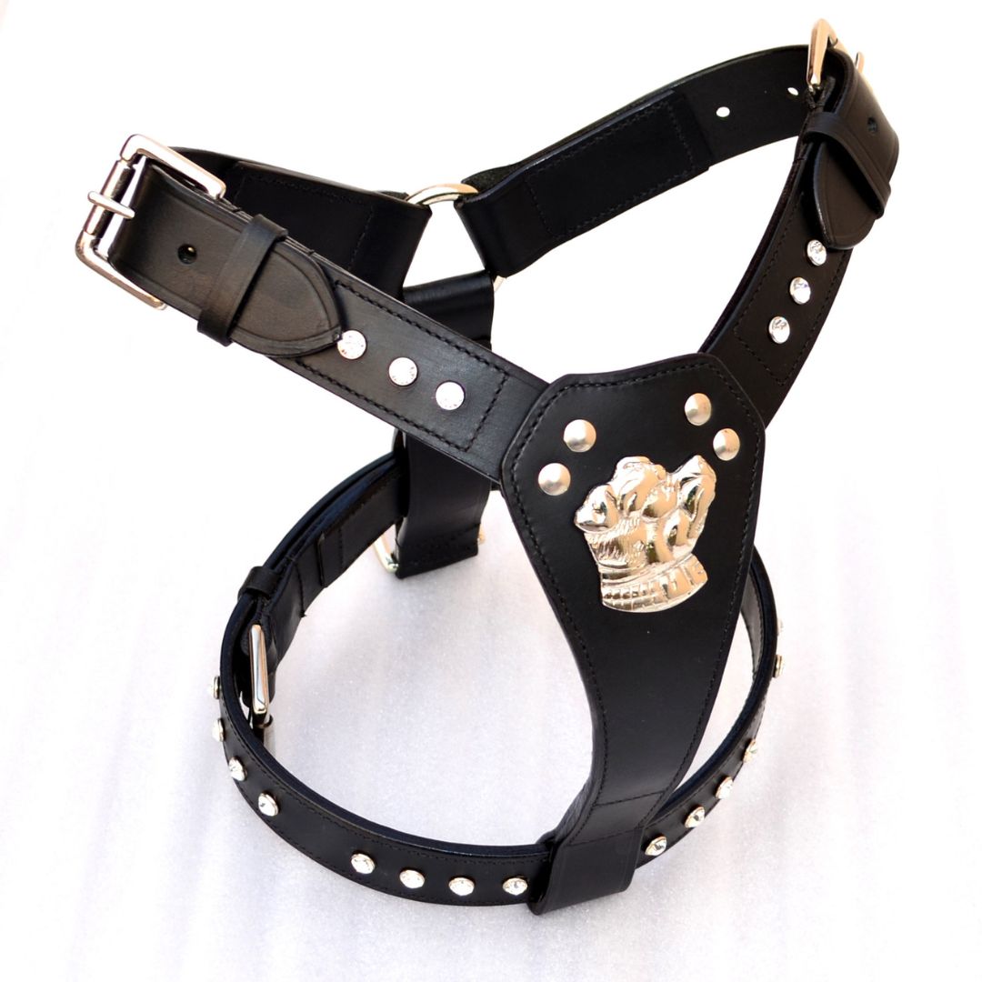 Leather Dog Harness with Crystals Bull Dog Design
