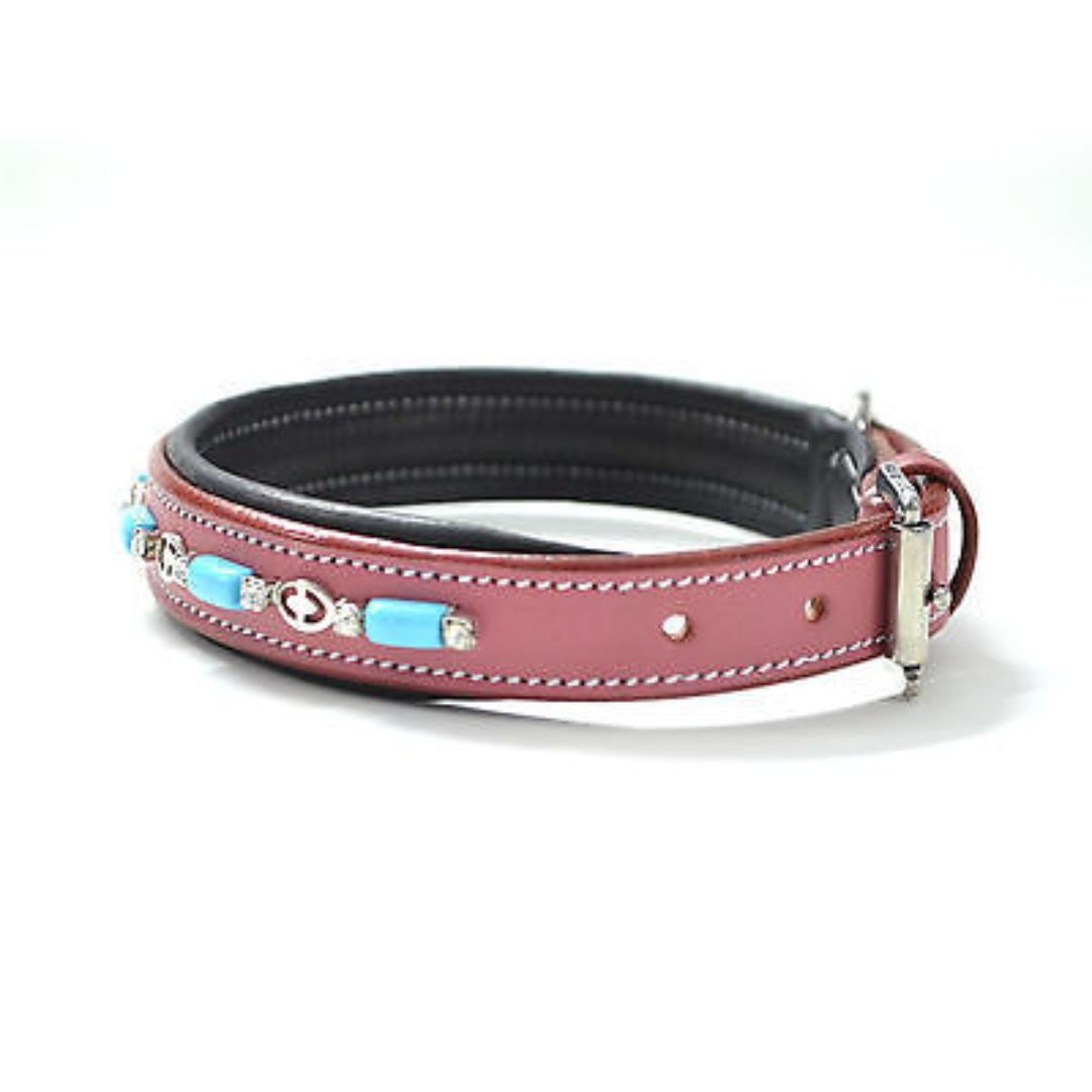 Turquoise Beads Pink Leather Padded Dog Collar USA Leather