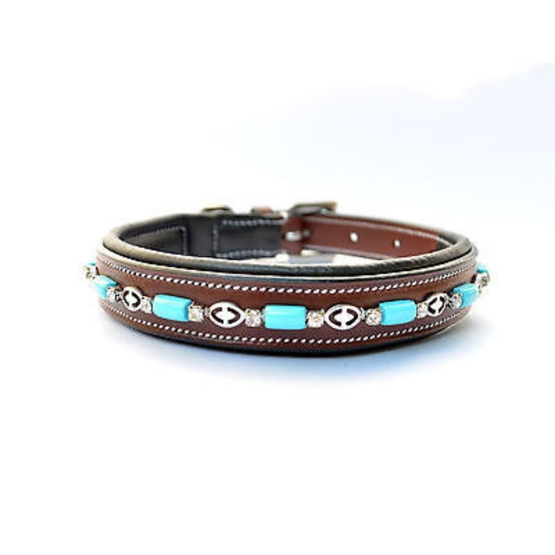 16" Turquoise Beads Padded Leather Dog Collars Made in USA Leather - All Sizes