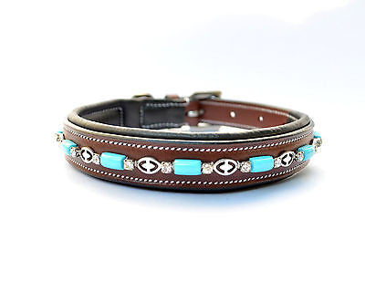 16" Turquoise Beads Padded Leather Dog Collars Made in USA Leather - All Sizes