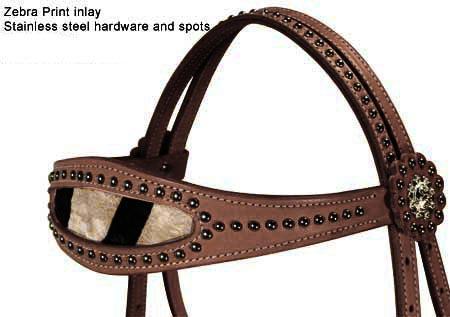Zebra Print Inlaid Headstall, Breast Collar & Reins Set
