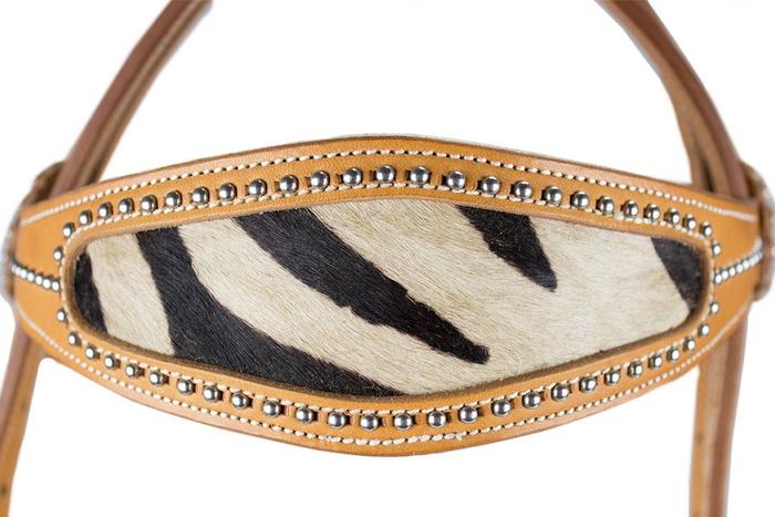Zebra Print Inlay Leather Hair On Hedstall