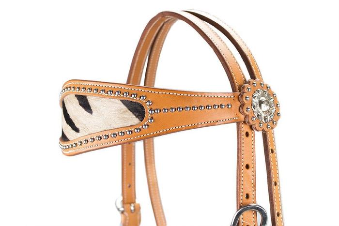 Zebra Print Inlay Leather Hair On Hedstall