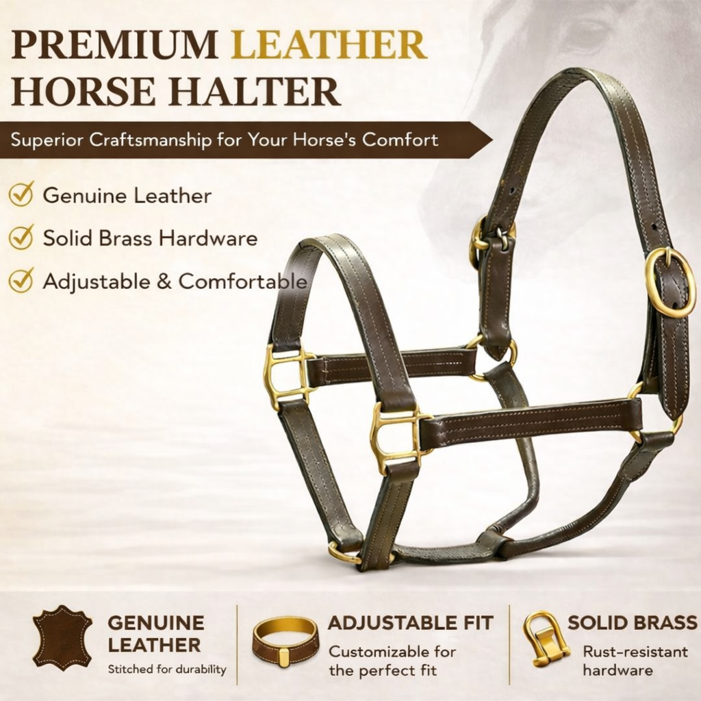 SIE Genuine Leather Horse Halter Triple Stitched with Solid Brass Hardware