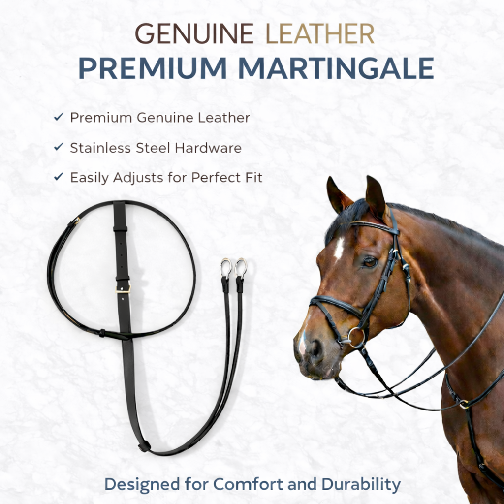 SIE Genuine Leather Running Martingale with Stainless Steel Rings – Adjustable Horse Training Martingale