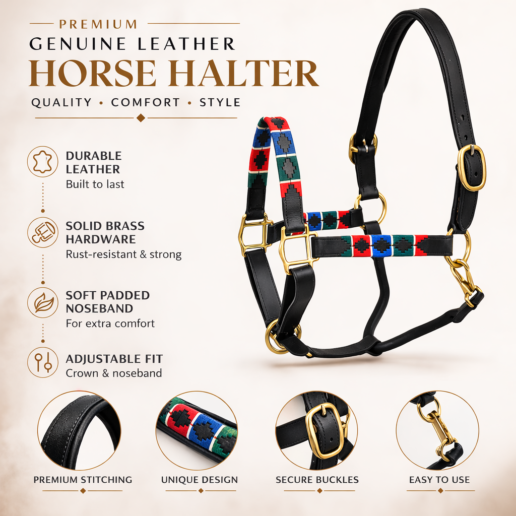 SIE Polo Leather Adjustable Horse Halter Premium Handcrafted Leather Headcollar with Thread Design Solid Brass Hardware
