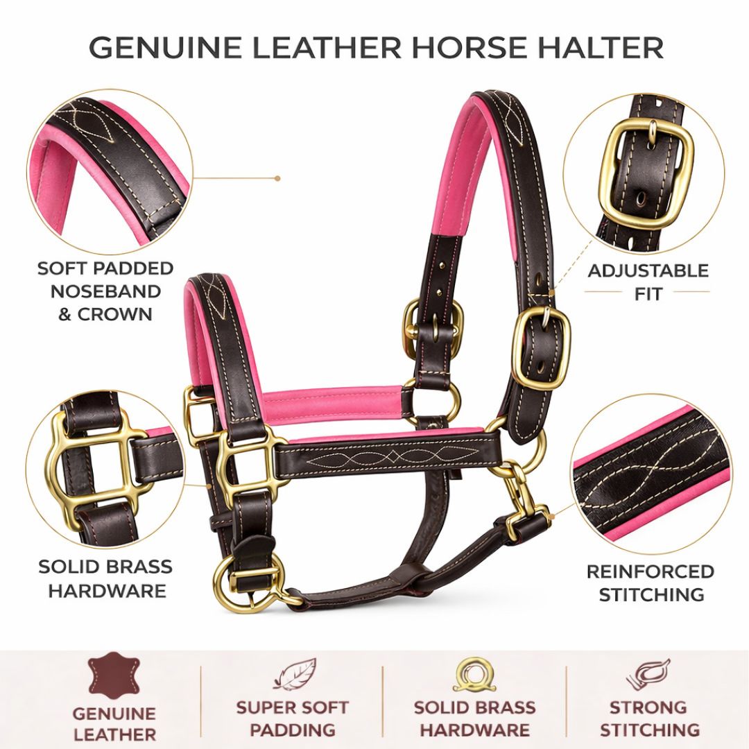 SIE Genuine Leather Horse Halter with Padding Durable Fancy Raised Stitching Solid Brass Hardware