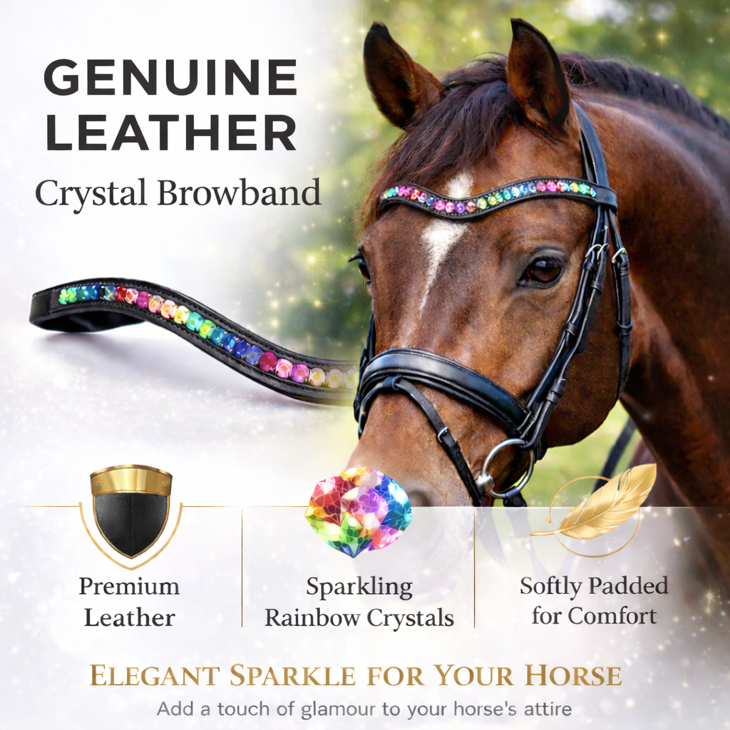 SIE Genuine Leather Horse Rainbow Crystal Browband with Multi-Color Rhinestones