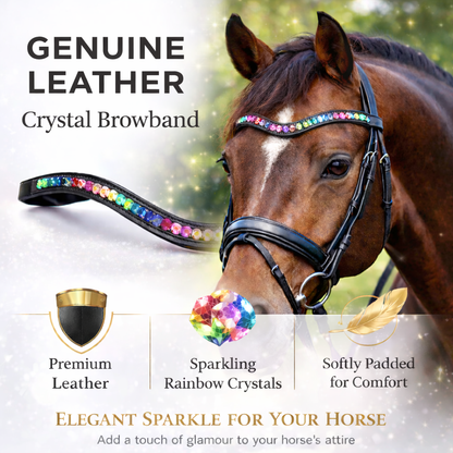 SIE Genuine Leather Horse Rainbow Crystal Browband with Multi-Color Rhinestones