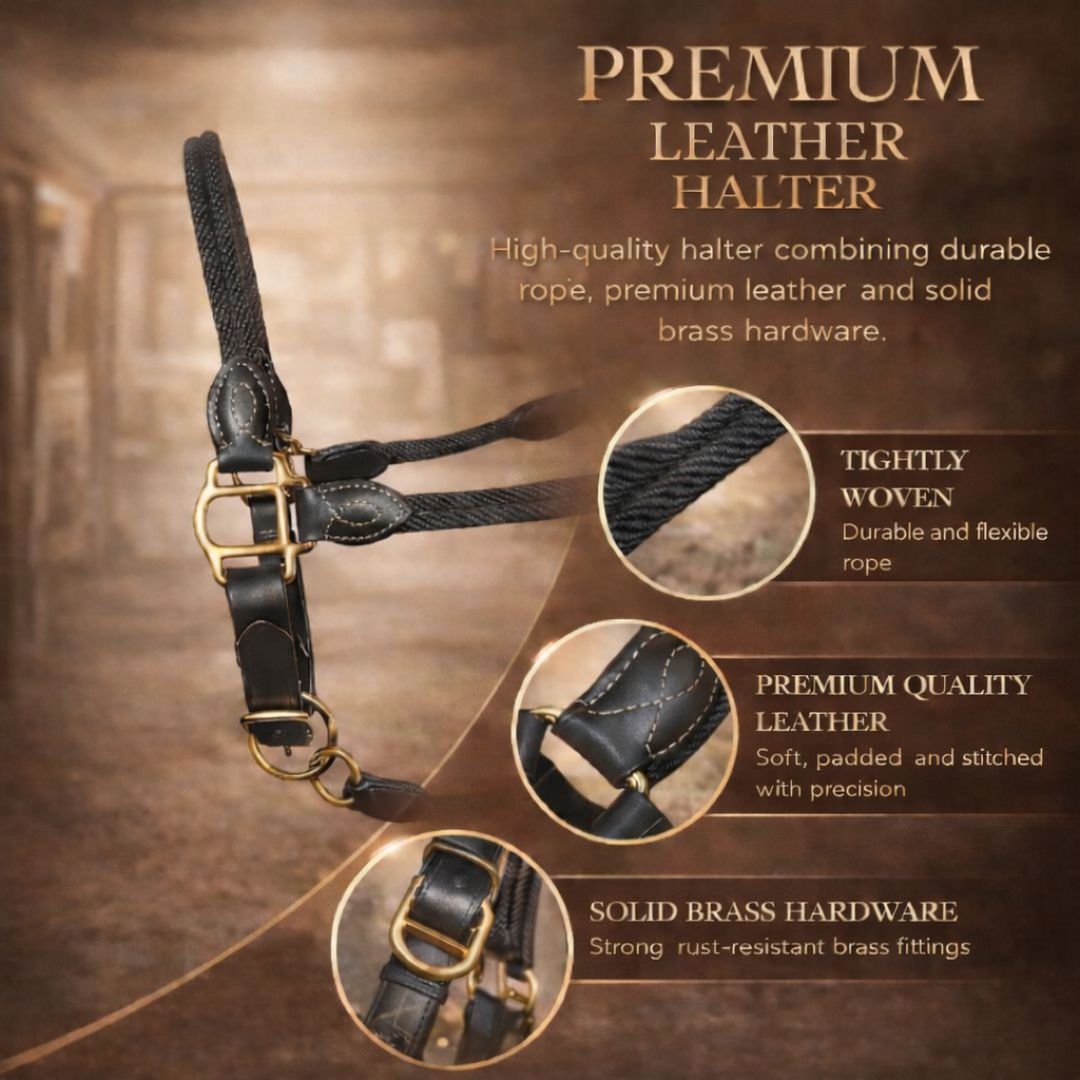 SIE Genuine Leather & Rope Horse Halter with Brass Hardware