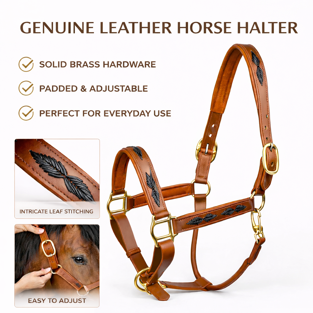 SIE Genuine Leather Braided Horse Halter Adjustable Padded Headcollar | Premium Brass Hardware
