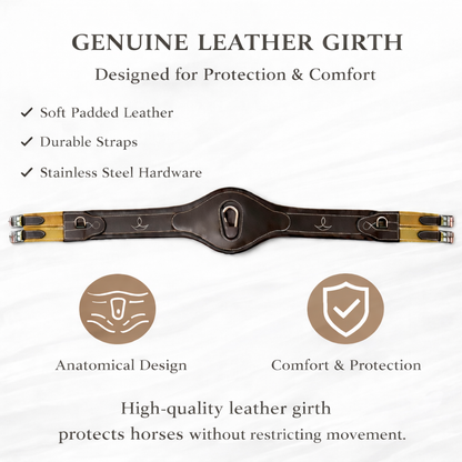 SIE Fancy Anatomic Snap Overlay Leather Horse Girth Cinch Handcrafted Padded Comfort With Center Snap & Elastic Ends