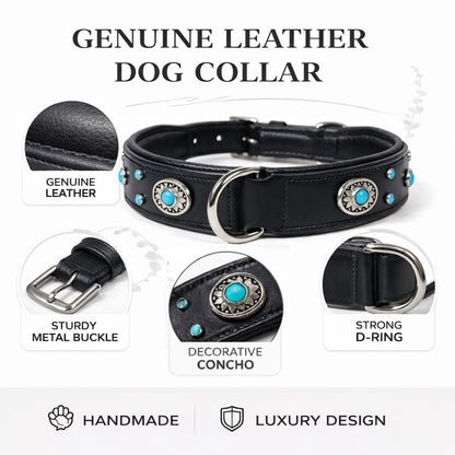 SIE Genuine Leather Turquoise Concho Leather Dog Collar – Decorative Western Style Collar