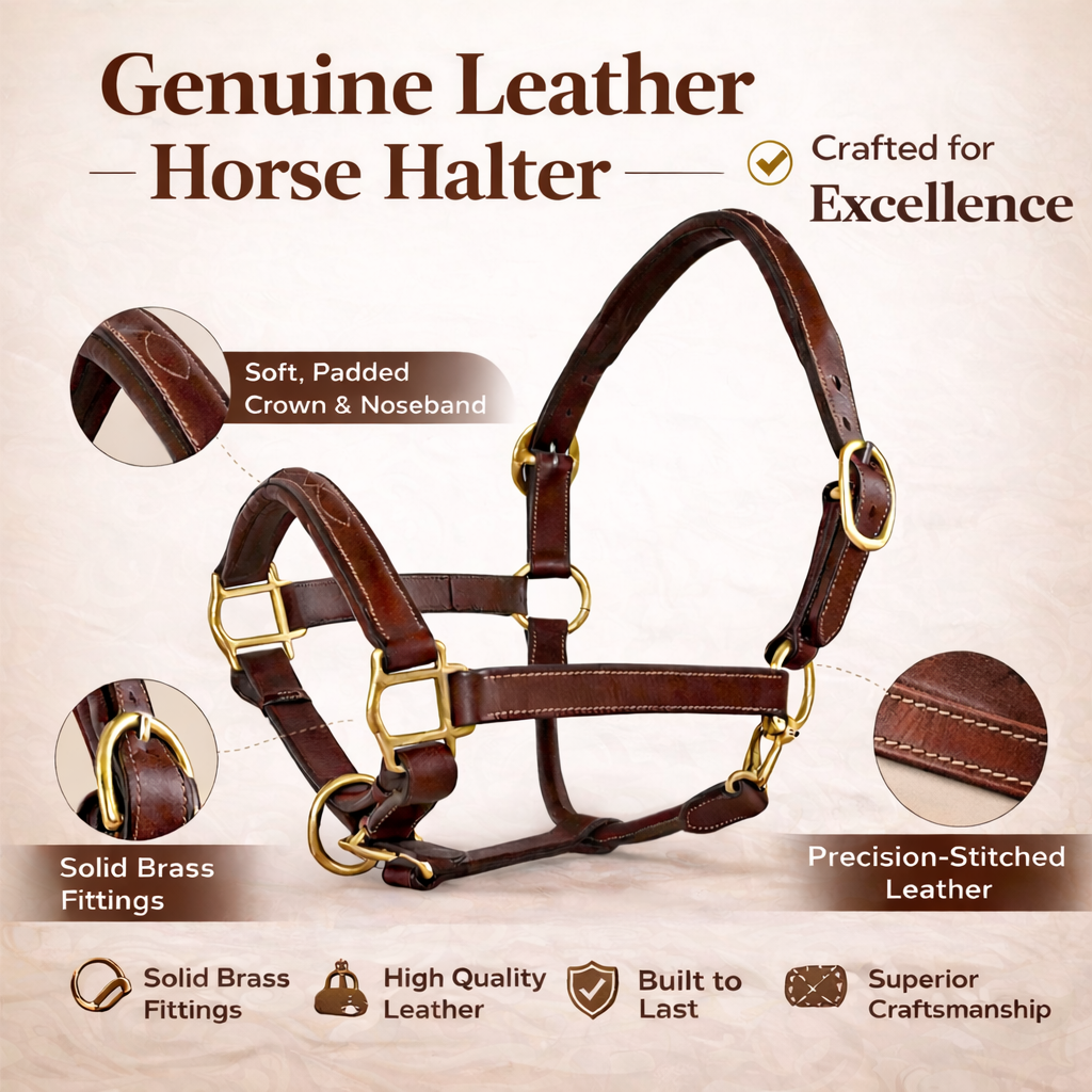 SIE Genuine Leather Fancy Stitching Horse Halter Padded Adjustable Headcollar for Pony, Cob, Full & Oversize | Brass Hardware