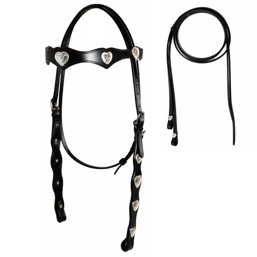 SIE Genuine Leather Headstall with Reins – Western Headstall & Reins Set with Engraved Silver Heart Conchos
