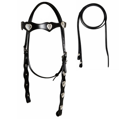 SIE Genuine Leather Headstall with Reins – Western Headstall & Reins Set with Engraved Silver Heart Conchos