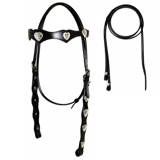 SIE Genuine Leather Headstall with Reins – Western Headstall & Reins Set with Engraved Silver Heart Conchos