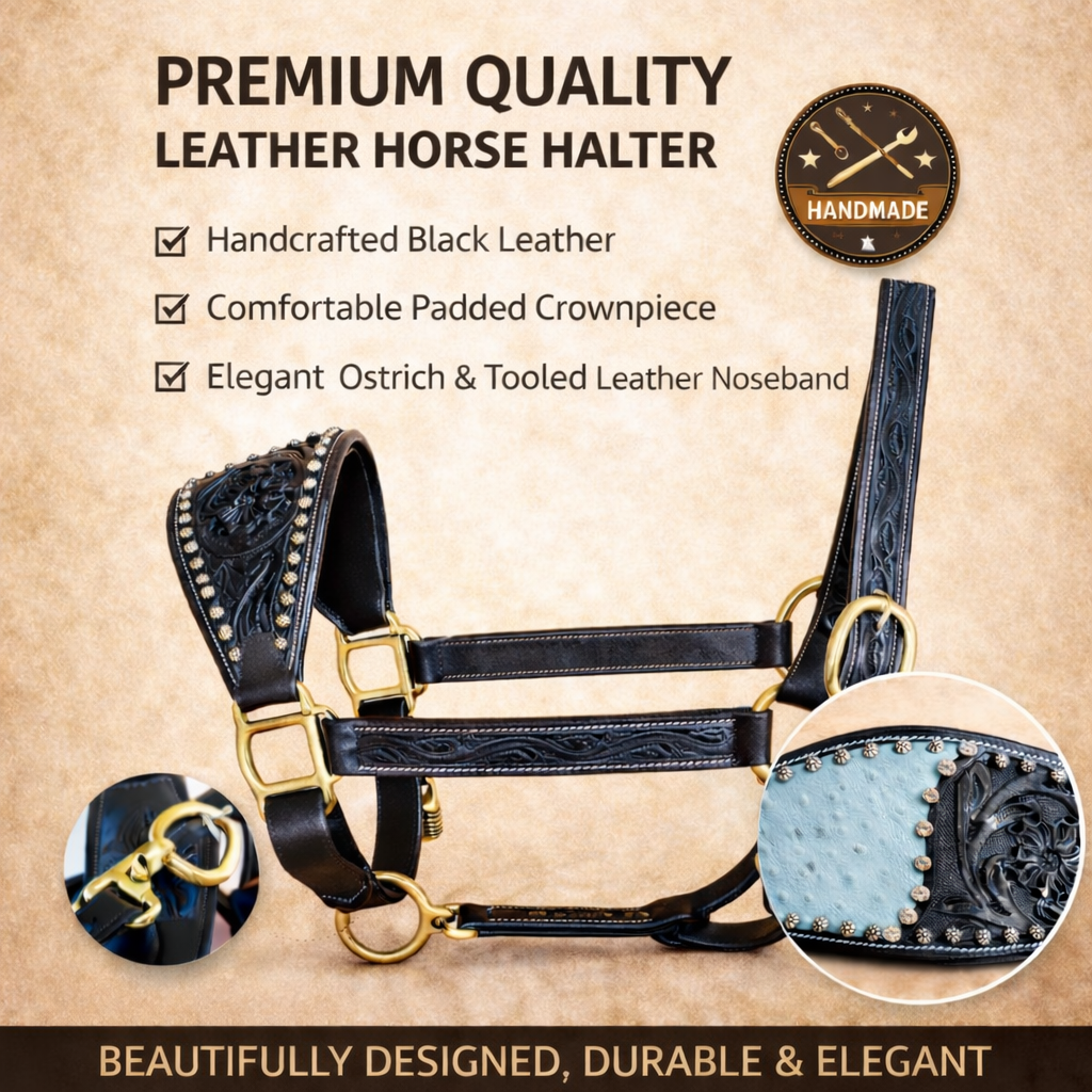 SIE Genuine Handcrafted Leather Horse Halter with Ostrich Leather Padded Noseband