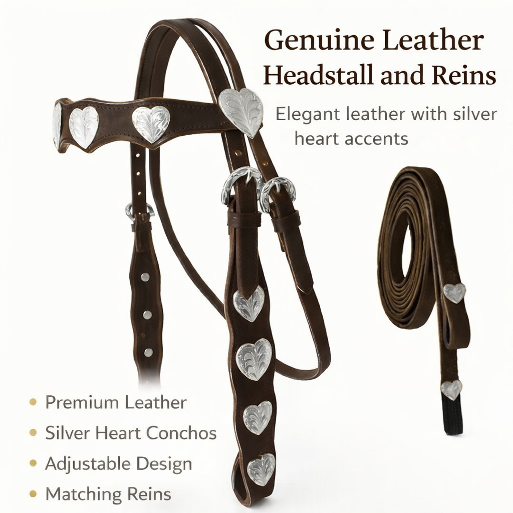SIE Genuine Leather Headstall with Reins – Western Headstall & Reins Set with Engraved Silver Heart Conchos