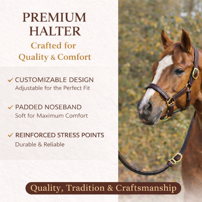 SIE Genuine Leather Empty Channel Horse Halter – Padded Adjustable Headcollar | Brass Hardware