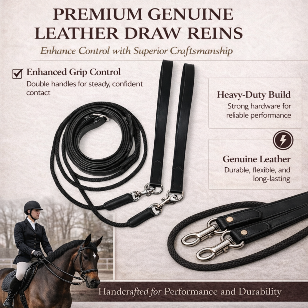 SIE Premium Genuine Leather Draw Reins – Double Handle with Metal Clips