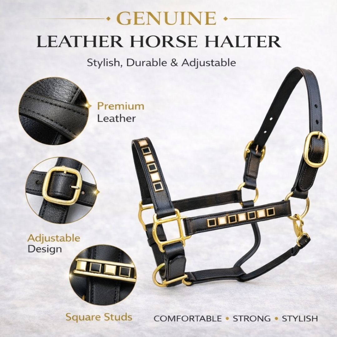 SIE Black & White Leather Horse Show Adjustable Halter Double Layer Premium Leather