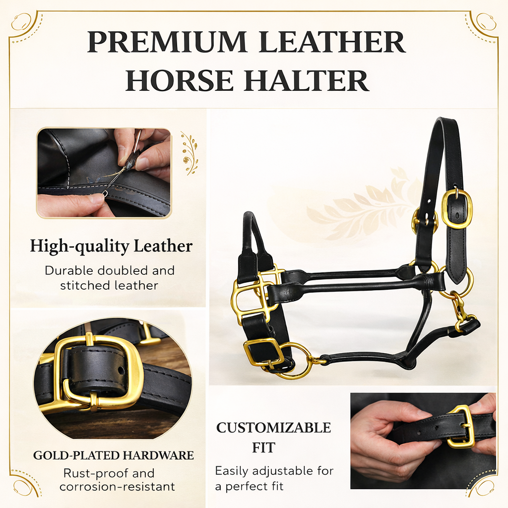 SIE Adjustable Horse Premium Rolled Leather Halter & Brass Hardware