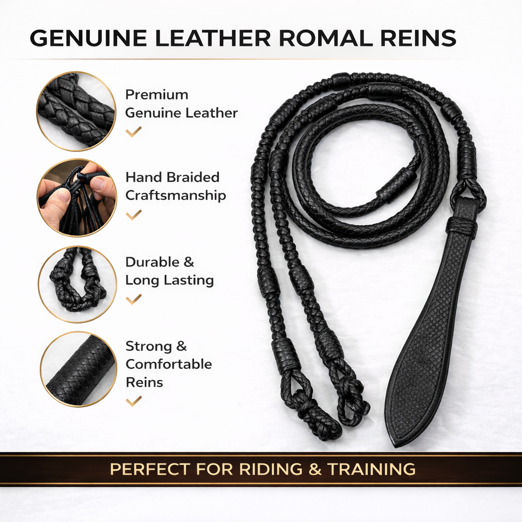 SIE Premium Genuine Leather Romal Reins – Hand Braided Romal with Popper End