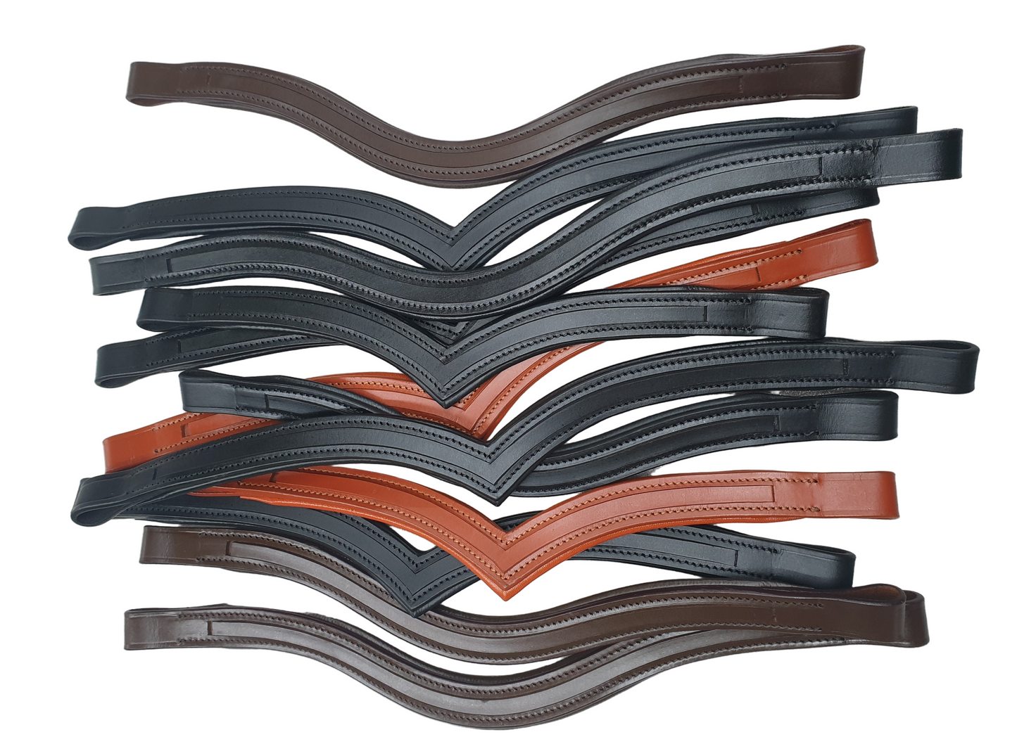 Set of leather bridle straps in various colors on a white background
