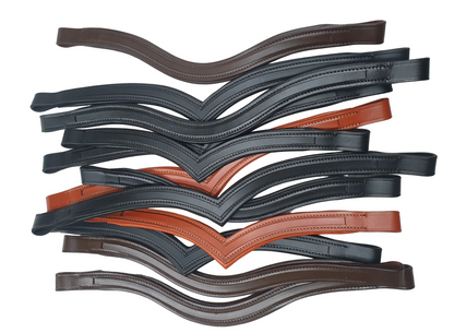 Set of leather bridle straps in various colors on a white background