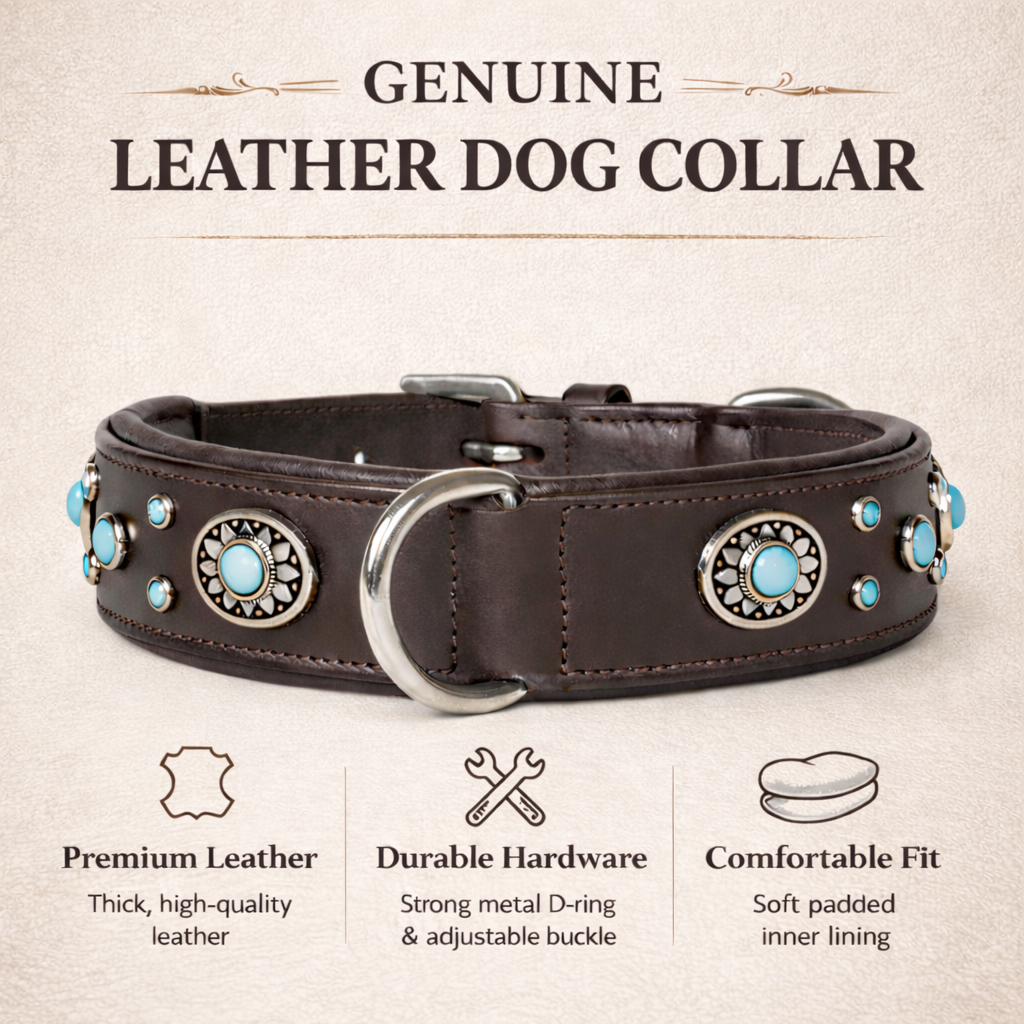 SIE Genuine Leather Turquoise Concho Leather Dog Collar – Decorative Western Style Collar
