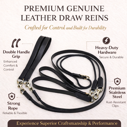 SIE Premium Genuine Leather Draw Reins – Double Handle with Metal Clips