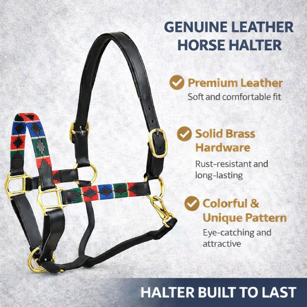 SIE Polo Leather Adjustable Horse Halter Premium Handcrafted Leather Headcollar with Thread Design Solid Brass Hardware