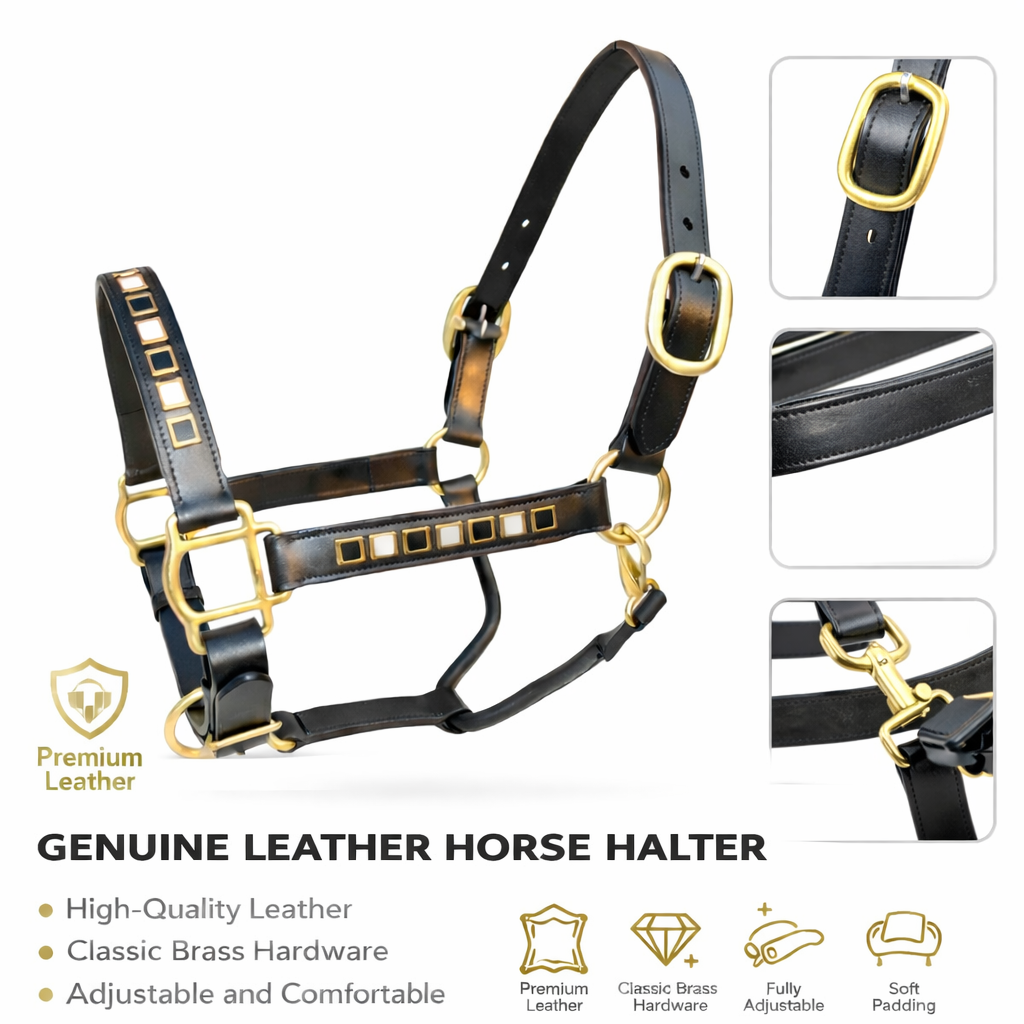 SIE Black & White Leather Horse Show Adjustable Halter Double Layer Premium Leather