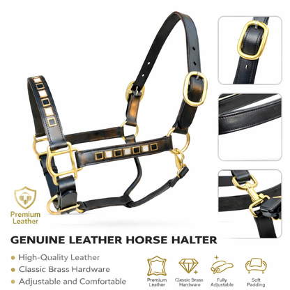 SIE Black & White Leather Horse Show Adjustable Halter Double Layer Premium Leather