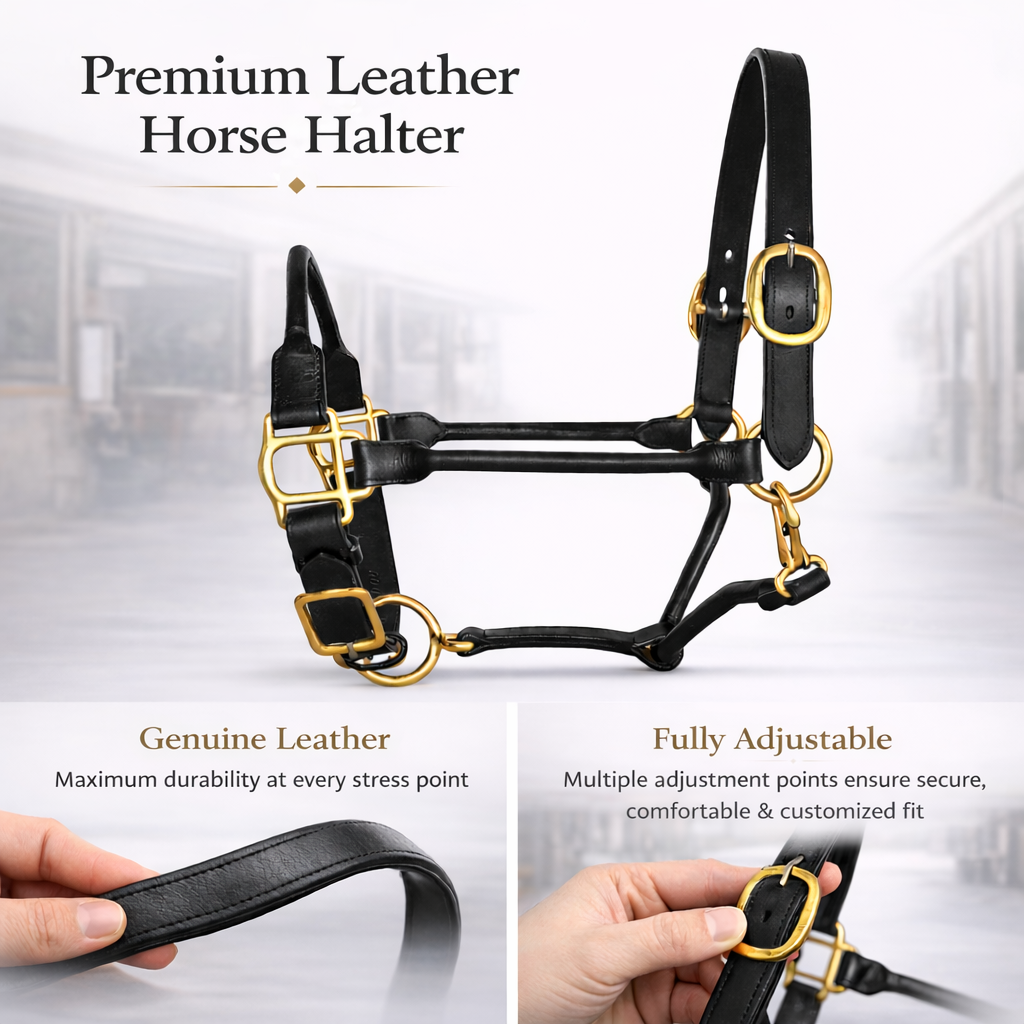 SIE Adjustable Horse Premium Rolled Leather Halter & Brass Hardware