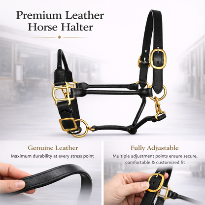 SIE Adjustable Horse Premium Rolled Leather Halter & Brass Hardware