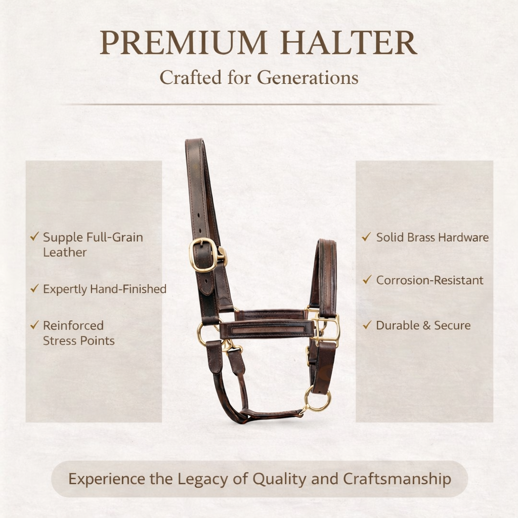 SIE Genuine Leather Empty Channel Horse Halter – Padded Adjustable Headcollar | Brass Hardware