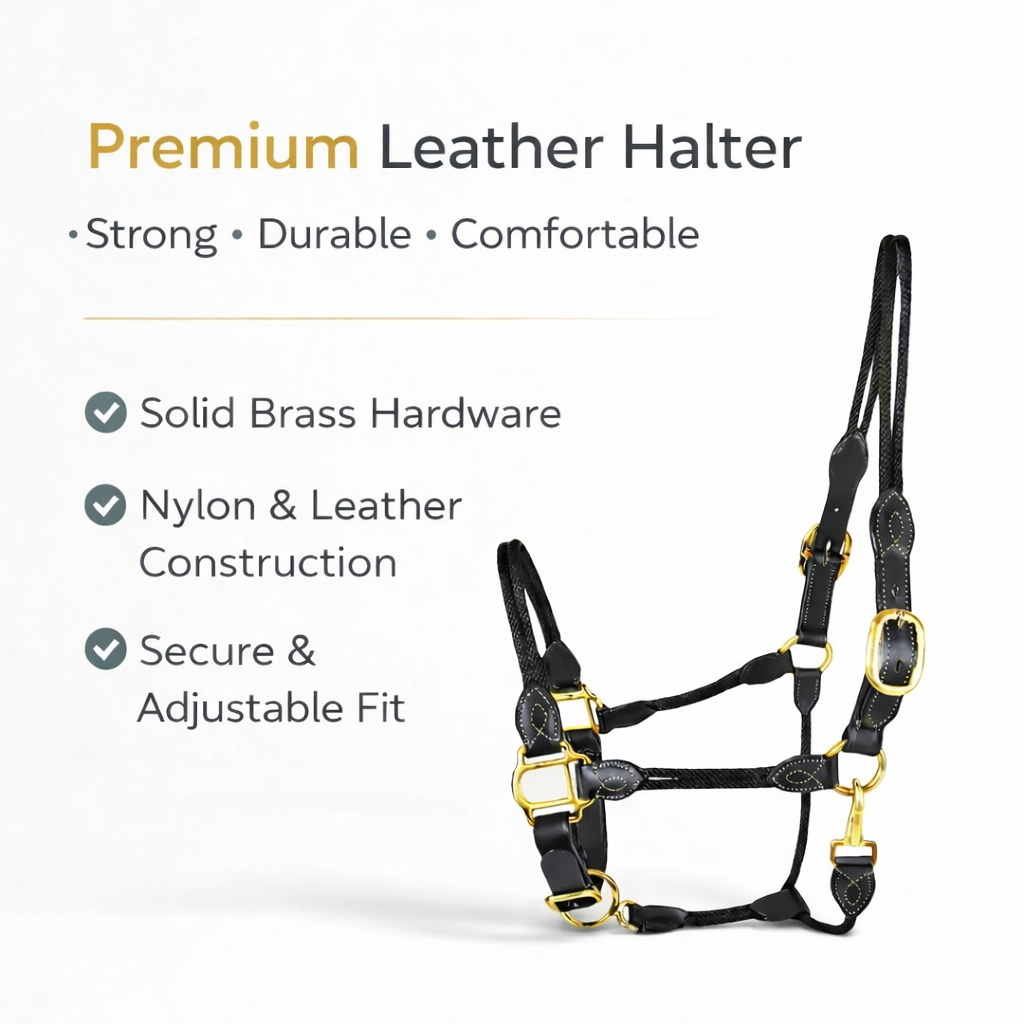 SIE Genuine Leather & Rope Horse Halter with Brass Hardware