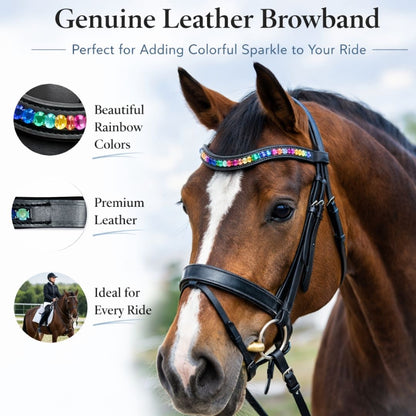 SIE Genuine Leather Horse Rainbow Crystal Browband with Multi-Color Rhinestones