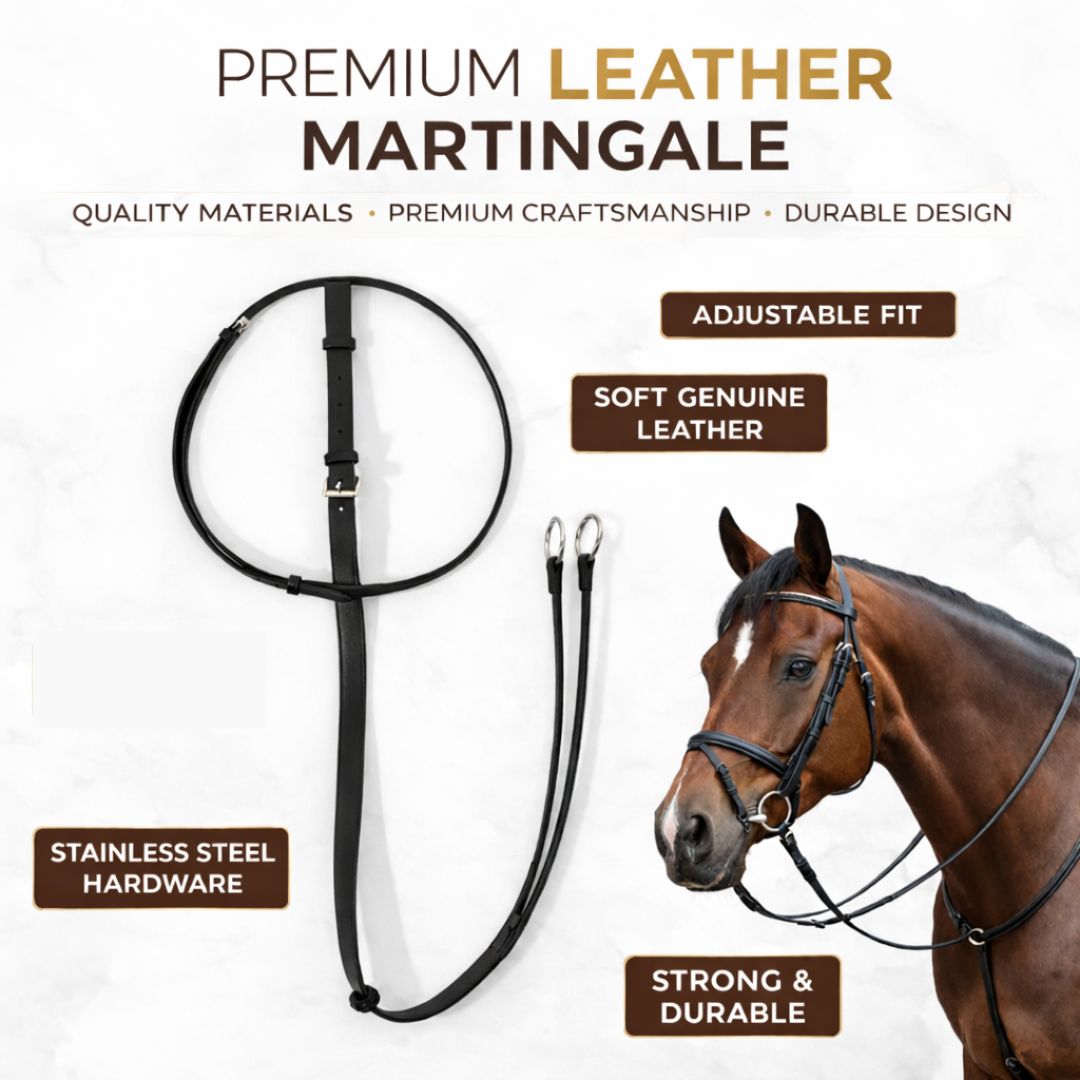 SIE Genuine Leather Running Martingale with Stainless Steel Rings – Adjustable Horse Training Martingale