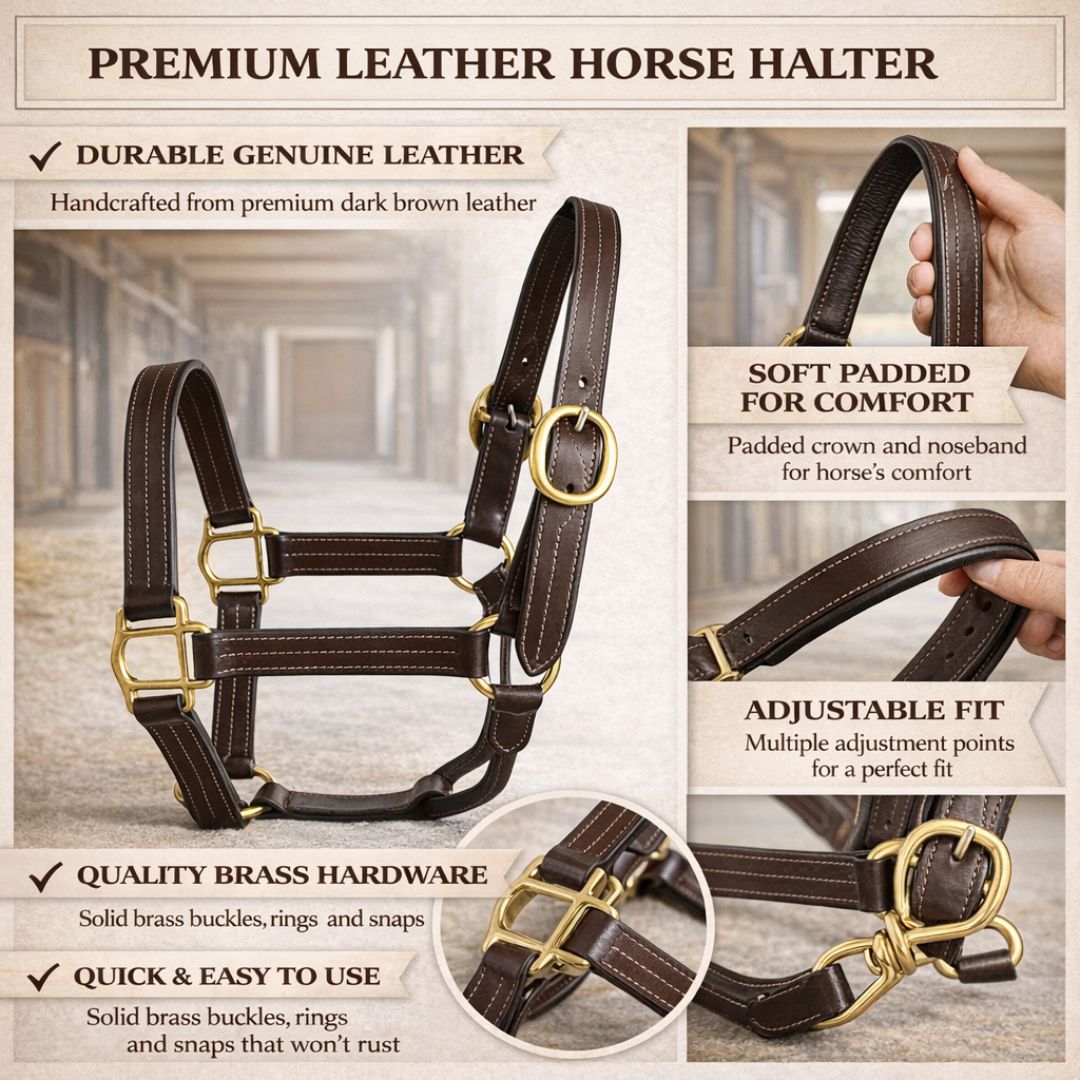 SIE Genuine Leather Horse Halter Triple Stitched with Solid Brass Hardware