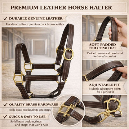 SIE Genuine Leather Horse Halter Triple Stitched with Solid Brass Hardware