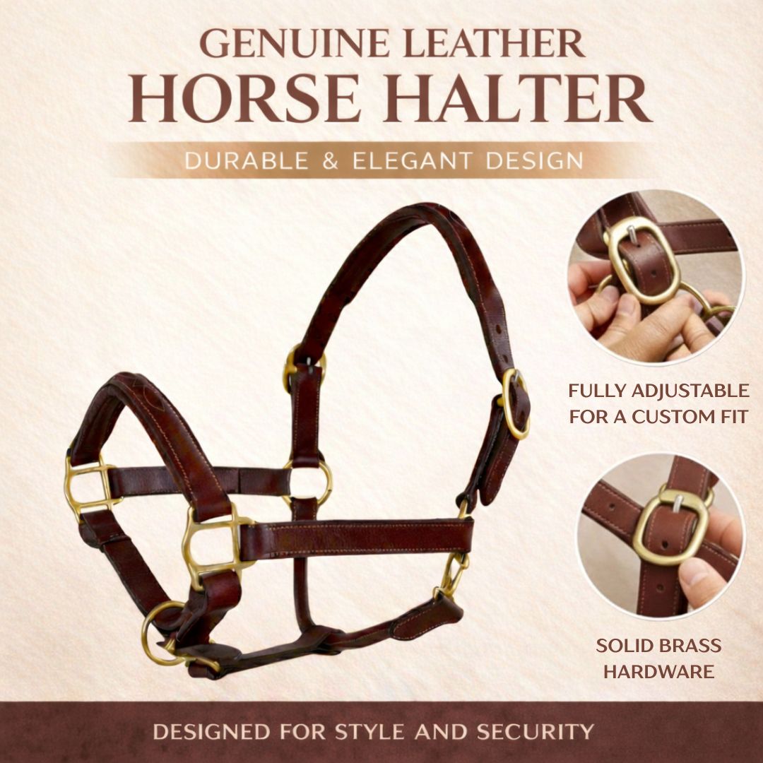 SIE Genuine Leather Fancy Stitching Horse Halter Padded Adjustable Headcollar for Pony, Cob, Full & Oversize | Brass Hardware