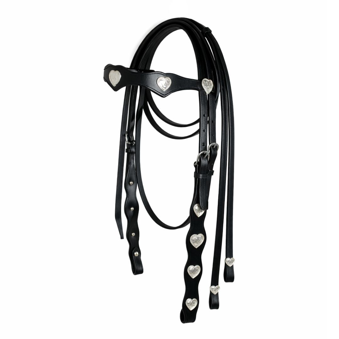 SIE Genuine Leather Headstall with Reins – Western Headstall & Reins Set with Engraved Silver Heart Conchos