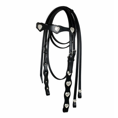 SIE Genuine Leather Headstall with Reins – Western Headstall & Reins Set with Engraved Silver Heart Conchos