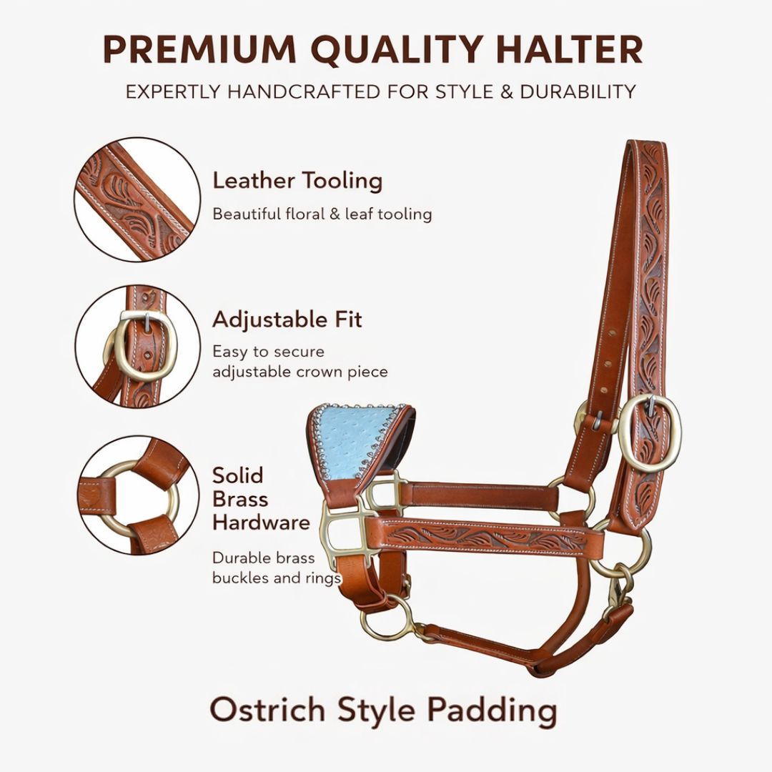 SIE Genuine Handcrafted Leather Horse Halter with Ostrich Leather Padded Noseband