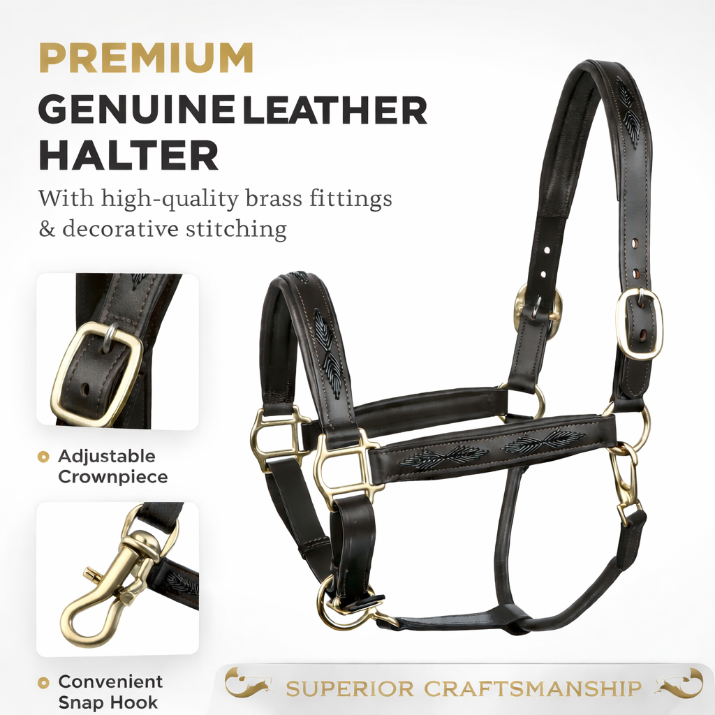 SIE Genuine Leather Braided Horse Halter Adjustable Padded Headcollar | Premium Brass Hardware