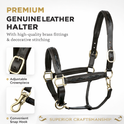 SIE Genuine Leather Braided Horse Halter Adjustable Padded Headcollar | Premium Brass Hardware